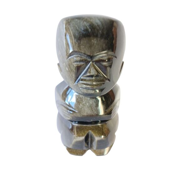 Gold Sheen Black Obsidian Stone 5-5/8"h Mayan Aztec Carved Seated Man Figure - Picture 1 of 8